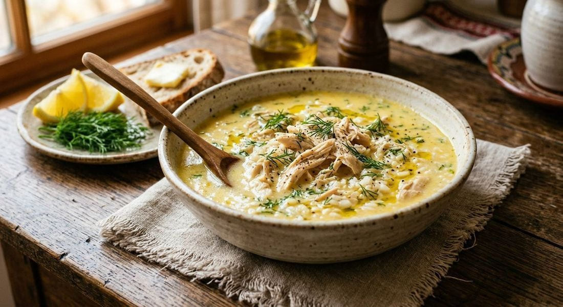 A rustic white ceramic bowl of avgolemono, the Greek lemon chicken rice soup, its silky pale-gold egg-lemon broth dotted with rice and shredded chicken, garnished with fresh dill and cracked black pepper, with lemon halves and a linen napkin on a weathered wooden table in warm natural side light