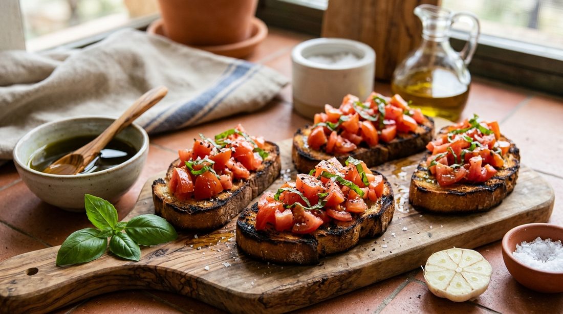 Bruschetta with diced tomato, basil, and olive oil on garlic-rubbed toasted bread slices arranged on a rustic wooden board