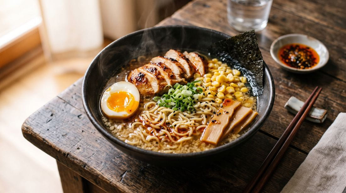 Easy chicken ramen in a dark ceramic bowl — golden shoyu broth, curly noodles, glazed chicken slices, jammy egg half, scallions, nori and corn under a swirl of chili oil, steam rising