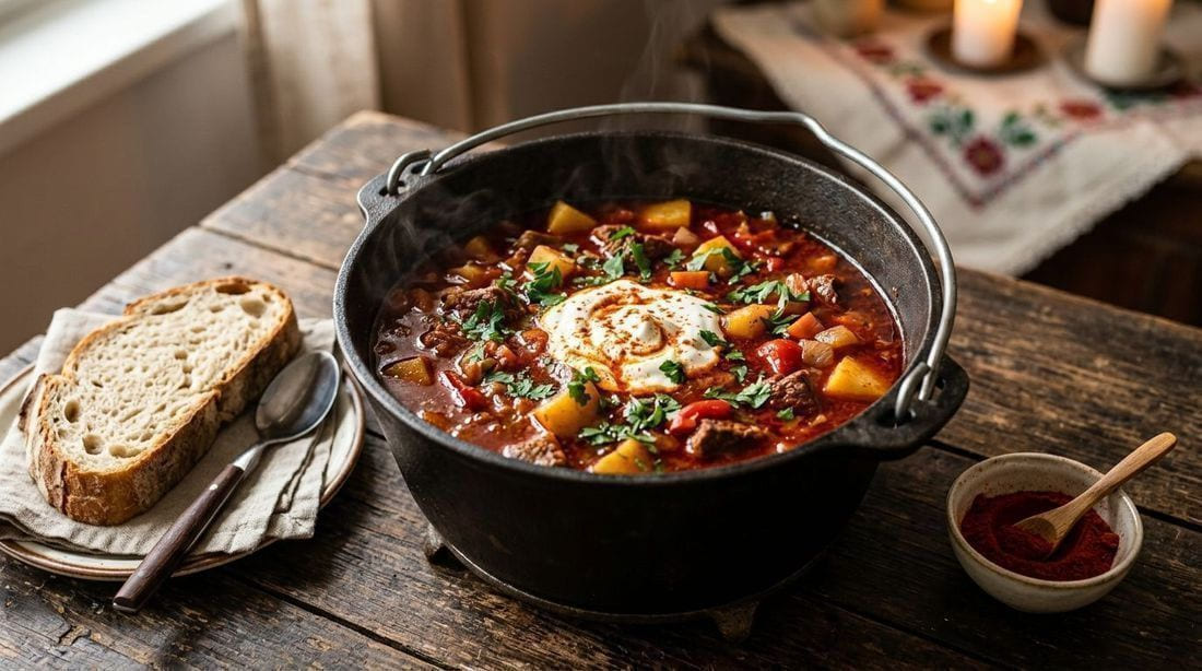 A dark cast-iron pot of Hungarian beef goulash — tender chunks of beef, potatoes, and carrots in deep paprika-red broth, steam rising, garnished with parsley and a dollop of sour cream on a rustic wooden table