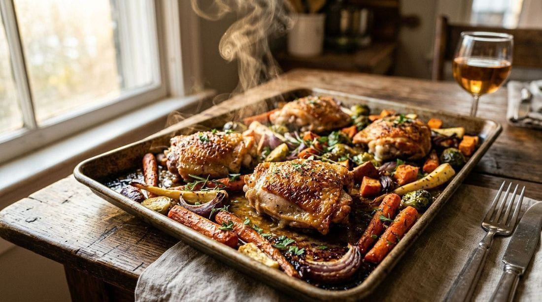 Sheet pan with roasted chicken thighs and vegetables