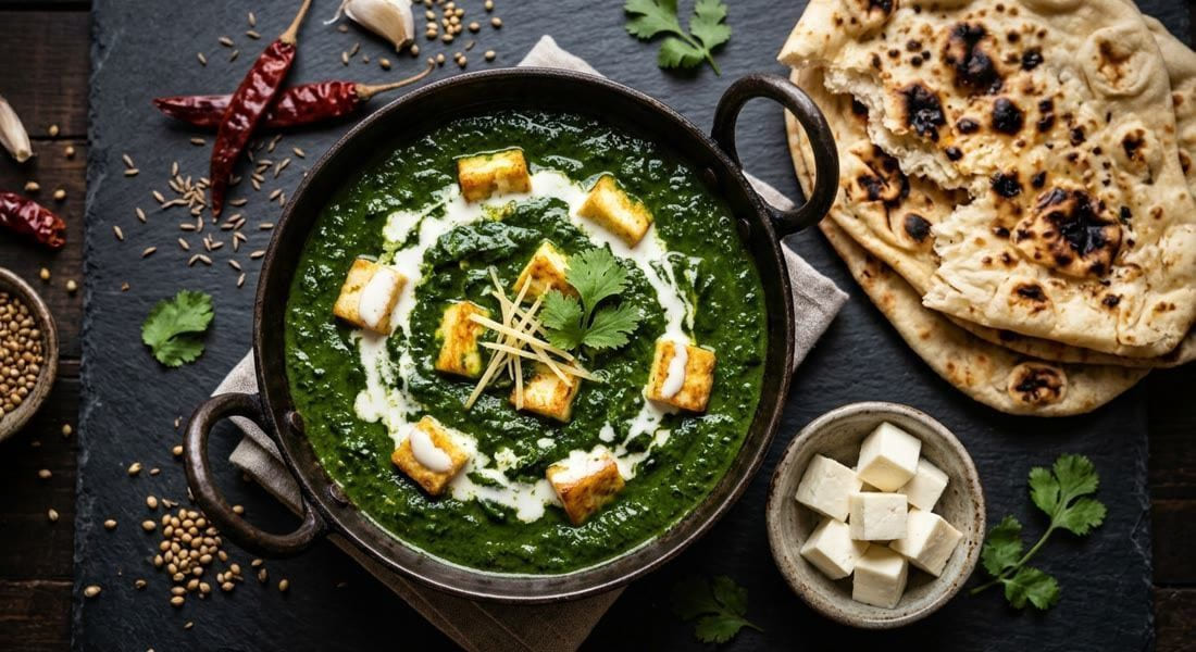 A dark cast-iron karahi bowl of palak paneer, its deep-green creamy spinach curry studded with golden-seared paneer cubes under a swirled cream drizzle, garnished with julienned ginger and cilantro, with torn naan and whole dried chilies on a dark slate table in warm natural light