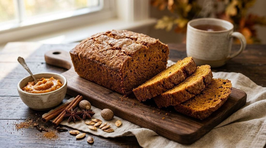 A sliced loaf of spiced pumpkin bread on a rustic wooden cutting board — deep orange moist crumb, crackled sugar top, surrounded by cinnamon sticks, whole nutmeg, toasted pumpkin seeds, and a small bowl of pumpkin purée in warm autumn light